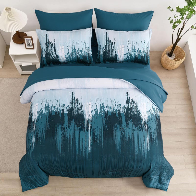 WONGS BEDDING Comforter Set King  Teal Blue 7 Pieces Bed in a Bag Colorful Abstract Art Gradient Comforter Soft Microfiber Bedding Set with Comforter Flat Sheet Fitted Sheet Pillow Shams Pillowcases - Image 3